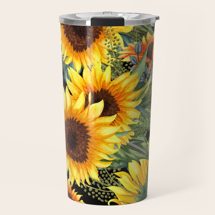 Festive, Sunflowers, Yellow and Green on Black Travel Mug Gallery Image 1