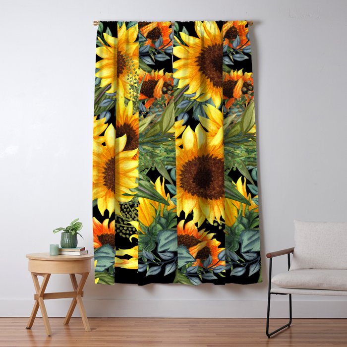 Festive, Sunflowers, Yellow and Green on Black Window Curtain Gallery Image 5