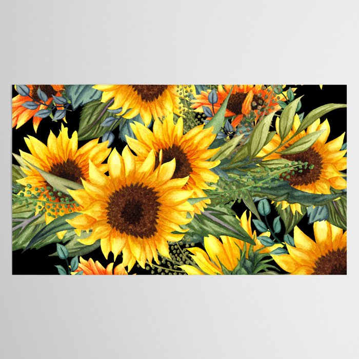Festive, Sunflowers, Yellow and Green on Black Tablecloth Gallery Image 2