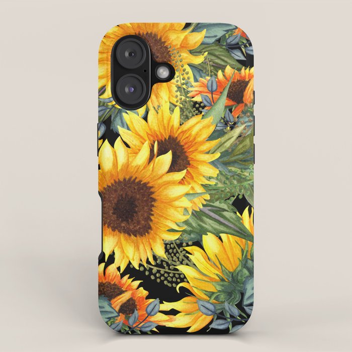 Festive, Sunflowers, Yellow and Green on Black iPhone Case Gallery Image 1