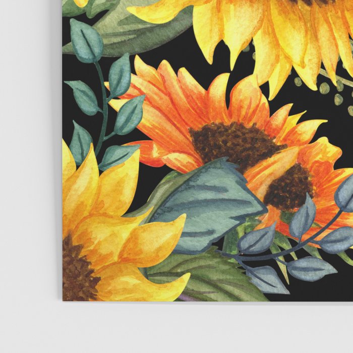 Festive, Sunflowers, Yellow and Green on Black Poster Gallery Image 3