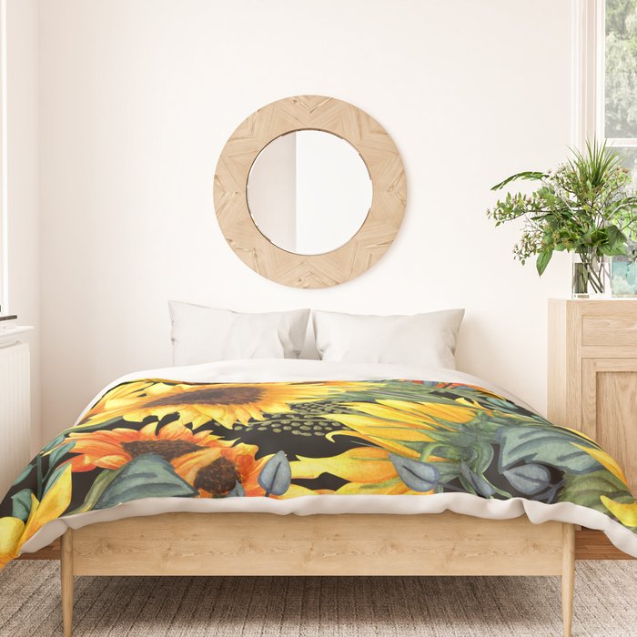 Festive, Sunflowers, Yellow and Green on Black Duvet Cover Gallery Image 3