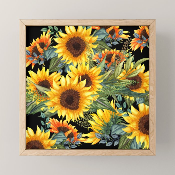 Festive, Sunflowers, Yellow and Green on Black Mini Art Print Gallery Image 1