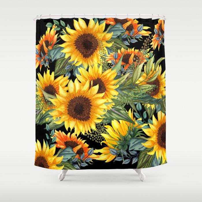 Festive, Sunflowers, Yellow and Green on Black Shower Curtain Gallery Image 1