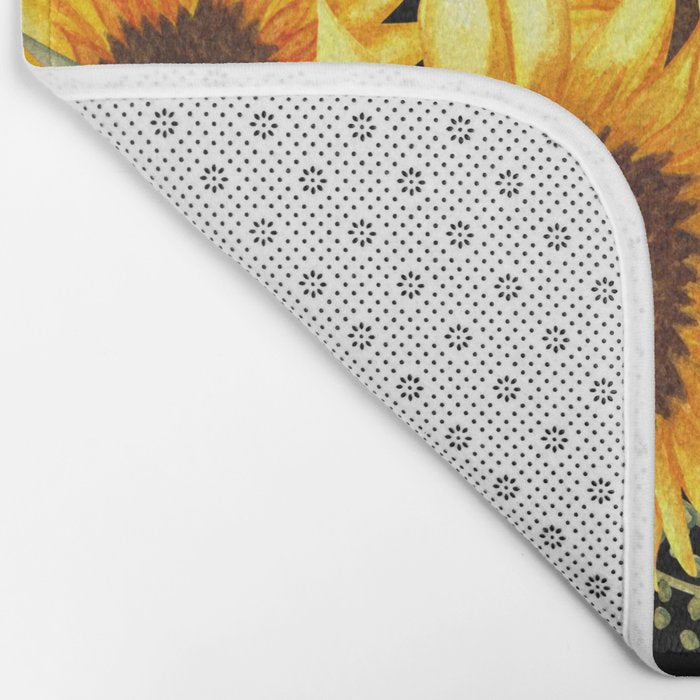 Festive, Sunflowers, Yellow and Green on Black Bath Mat Gallery Image 2