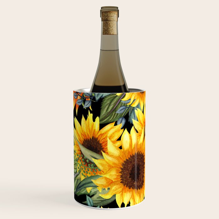 Festive, Sunflowers, Yellow and Green on Black Wine Chiller Gallery Image 2