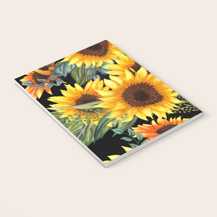 Festive, Sunflowers, Yellow and Green on Black Notebook Gallery Image 3