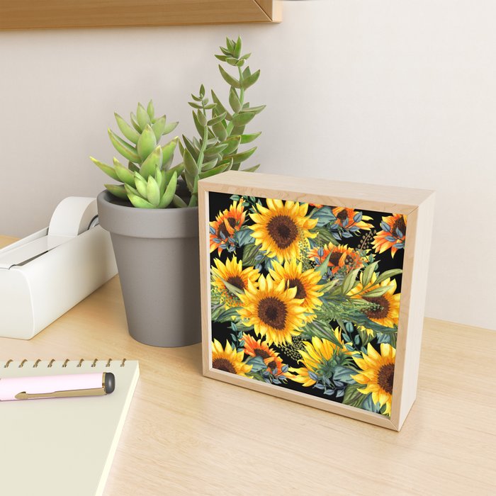 Festive, Sunflowers, Yellow and Green on Black Mini Art Print Gallery Image 2