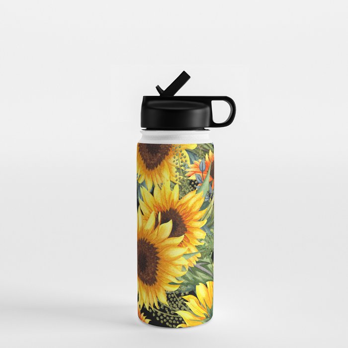 Festive, Sunflowers, Yellow and Green on Black Water Bottle Gallery Image 1
