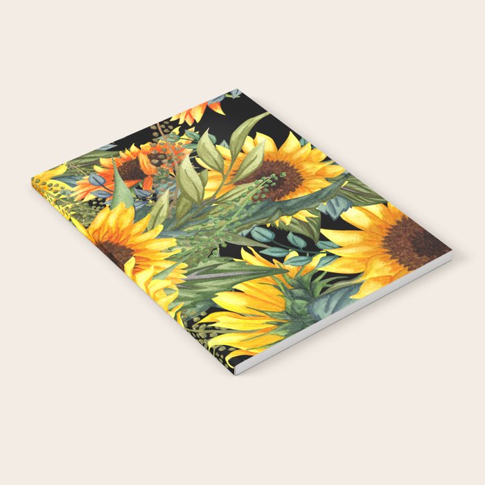 Festive, Sunflowers, Yellow and Green on Black Notebook Gallery Image 1