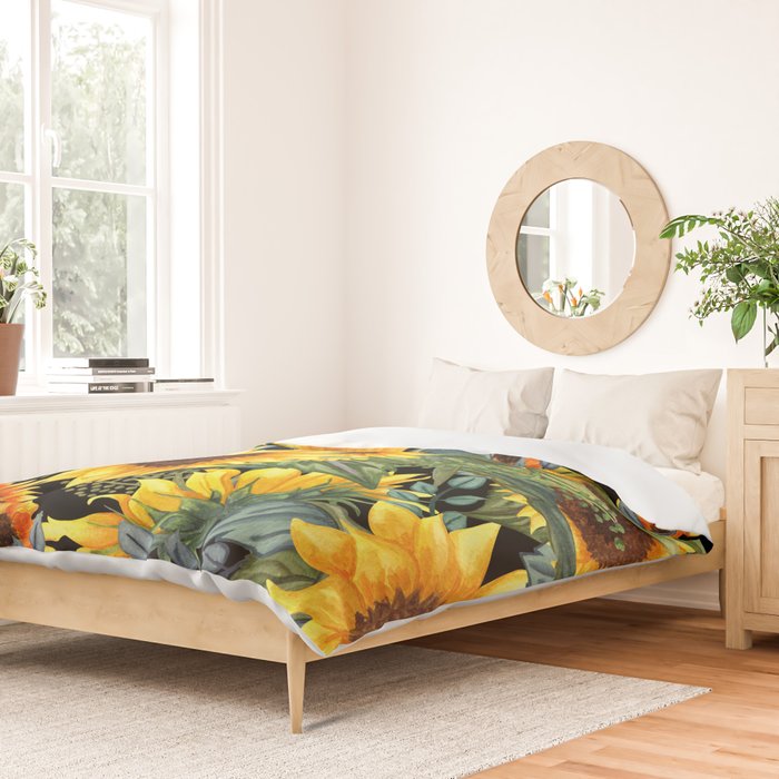 Festive, Sunflowers, Yellow and Green on Black Duvet Cover Gallery Image 2
