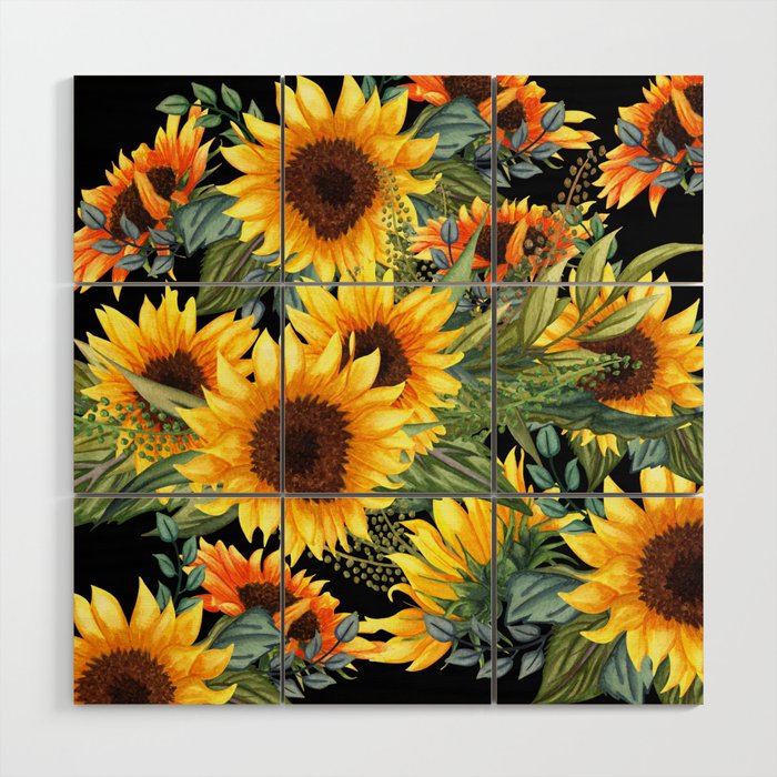 Festive, Sunflowers, Yellow and Green on Black Wood Wall Art Gallery Image 1