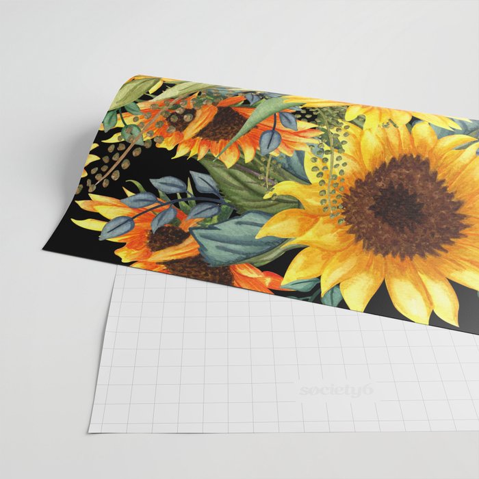 Festive, Sunflowers, Yellow and Green on Black Wrapping Paper Gallery Image 2