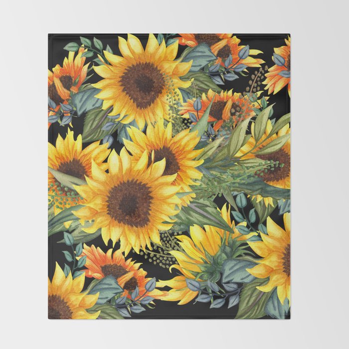 Festive, Sunflowers, Yellow and Green on Black Throw Blanket Gallery Image 2
