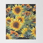 Festive, Sunflowers, Yellow and Green on Black Throw Blanket Gallery Image 2