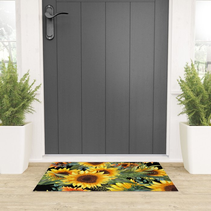 Festive, Sunflowers, Yellow and Green on Black Welcome Mat Gallery Image 3