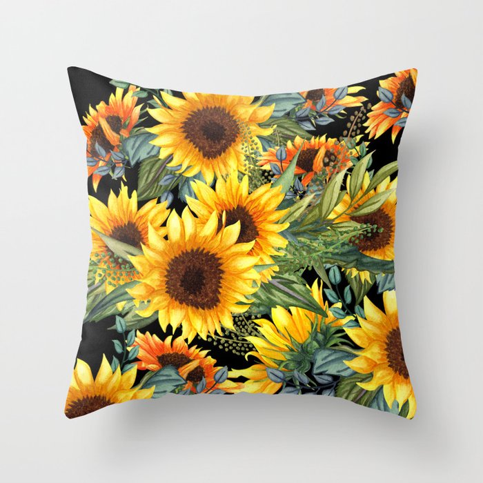 Festive, Sunflowers, Yellow and Green on Black Throw Pillow Gallery Image 6