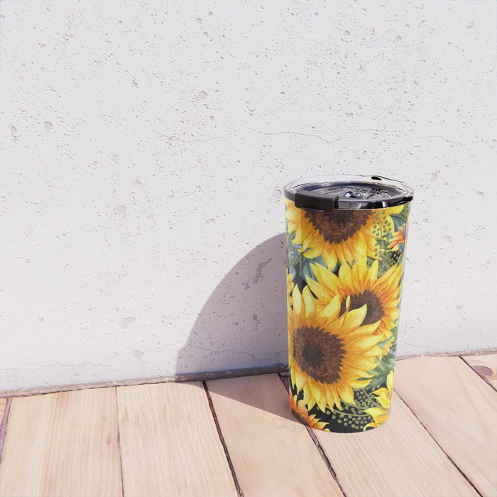 Festive, Sunflowers, Yellow and Green on Black Travel Mug Gallery Image 4