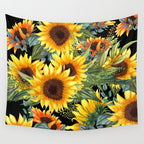 Festive, Sunflowers, Yellow and Green on Black Wall Tapestry Gallery Image 4