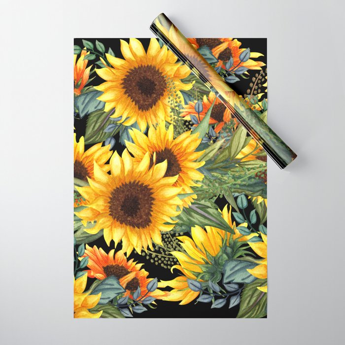 Festive, Sunflowers, Yellow and Green on Black Wrapping Paper Gallery Image 1