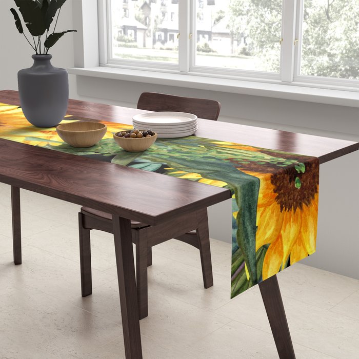 Festive, Sunflowers, Yellow and Green on Black Table Runner Gallery Image 2