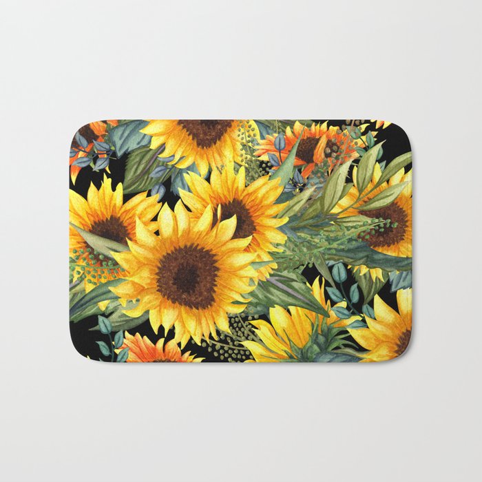Festive, Sunflowers, Yellow and Green on Black Bath Mat Gallery Image 1