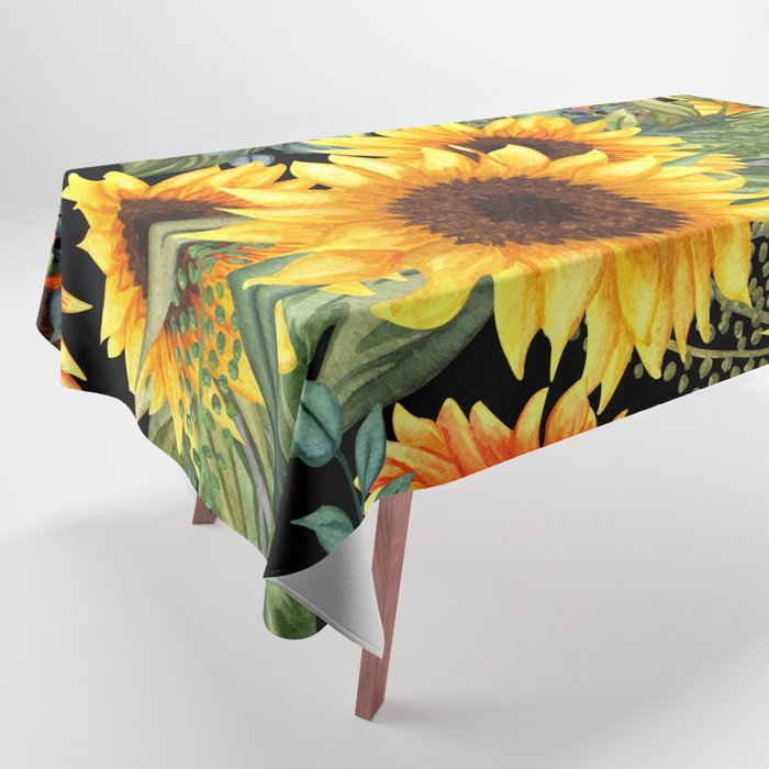 Festive, Sunflowers, Yellow and Green on Black Tablecloth Gallery Image 1