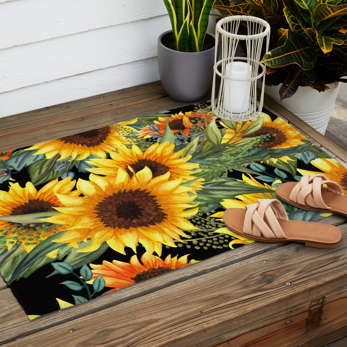 Festive, Sunflowers, Yellow and Green on Black Outdoor Rug Gallery Image 2