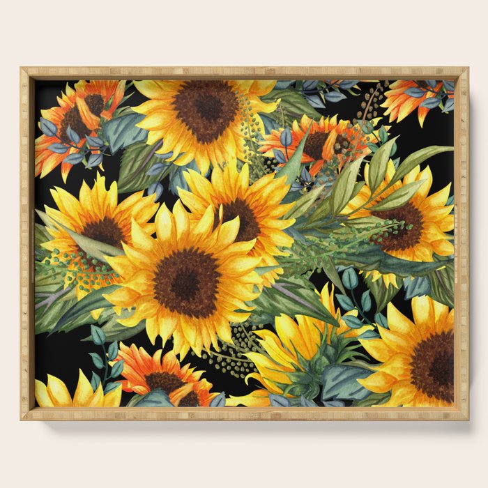 Festive, Sunflowers, Yellow and Green on Black Serving Tray Gallery Image 1