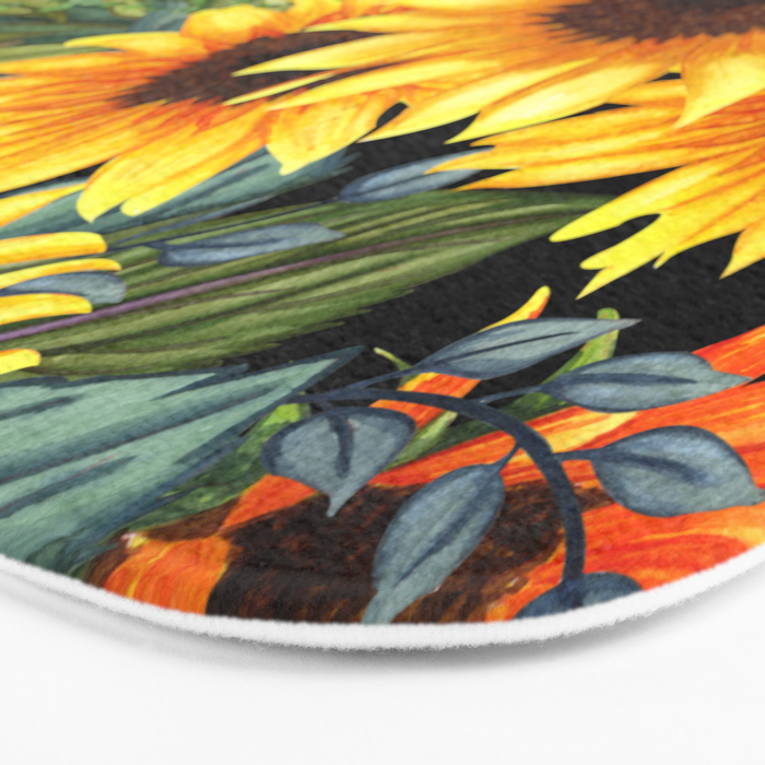 Festive, Sunflowers, Yellow and Green on Black Bath Mat Gallery Image 3