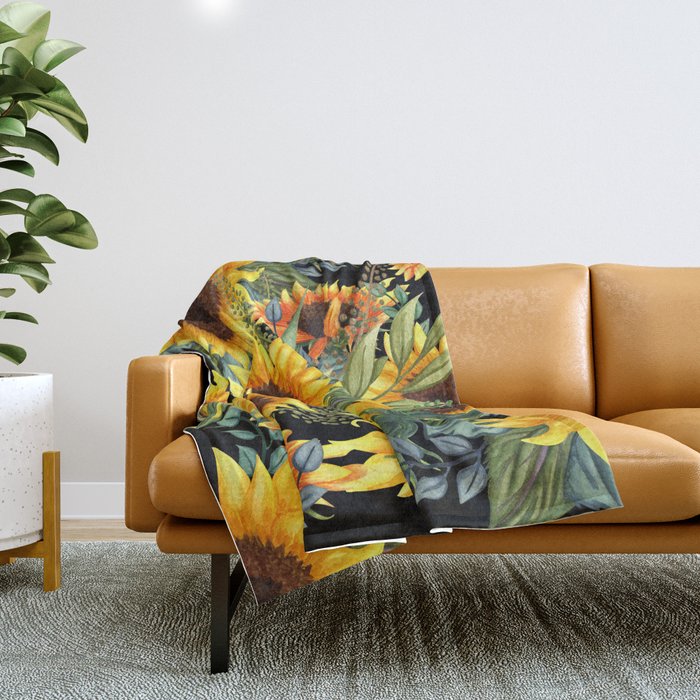 Festive, Sunflowers, Yellow and Green on Black Throw Blanket Gallery Image 1