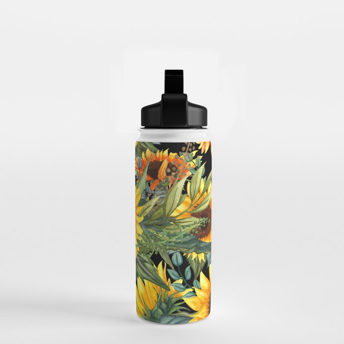 Festive, Sunflowers, Yellow and Green on Black Water Bottle Gallery Image 2