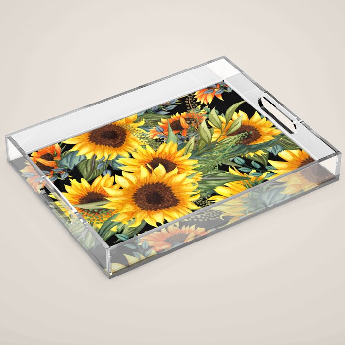Festive, Sunflowers, Yellow and Green on Black Acrylic Tray Gallery Image 1