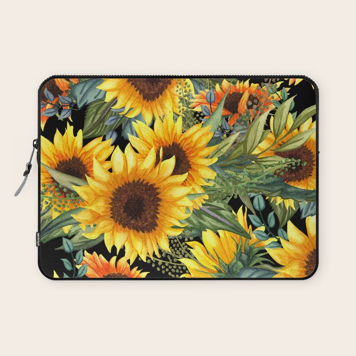 Festive, Sunflowers, Yellow and Green on Black Laptop Sleeve Gallery Image 1