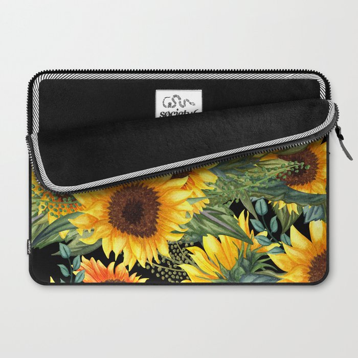 Festive, Sunflowers, Yellow and Green on Black Laptop Sleeve Gallery Image 2