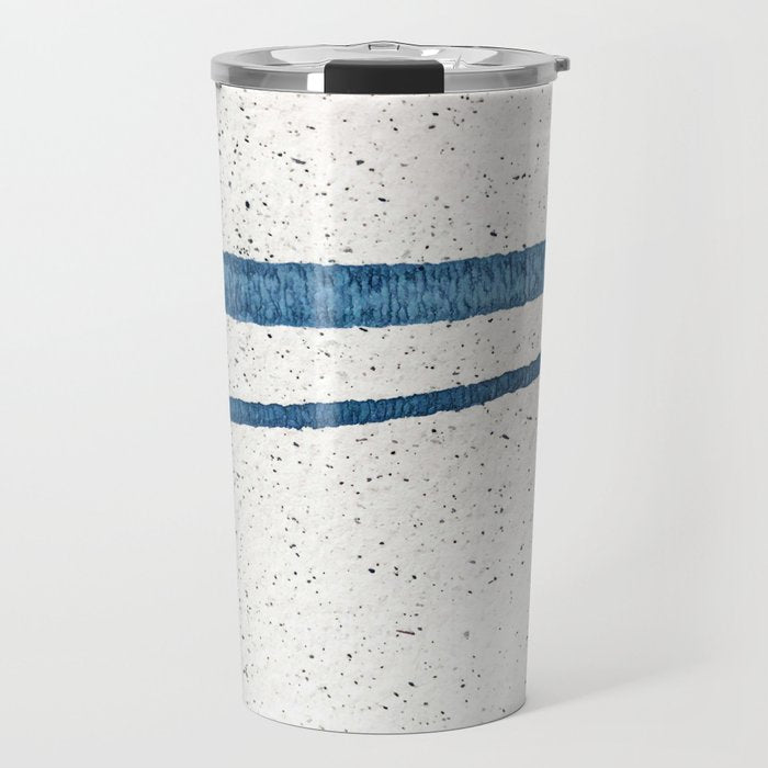 Parallel Universe [horizontal]: a pretty, minimal, abstract piece in lines of vibrant blue and white Travel Mug Gallery Image 1