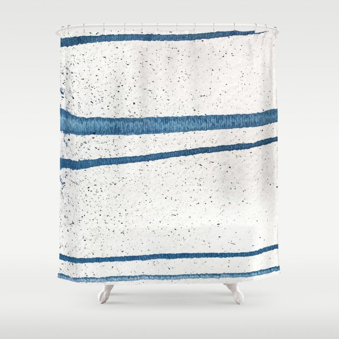 Parallel Universe [horizontal]: a pretty, minimal, abstract piece in lines of vibrant blue and white Shower Curtain Gallery Image 1