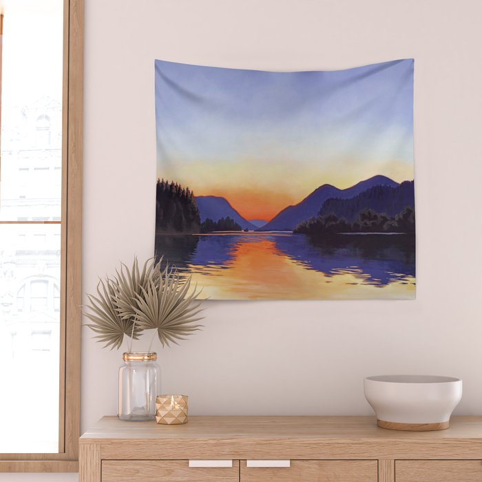 Sunset Over Mountains and River - Sunset in Hood River Wall Tapestry Gallery Image 2