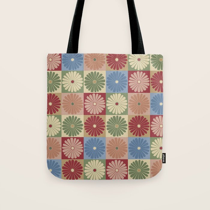 Retro Flowers Check Pattern XIX Tote Bag Gallery Image 1