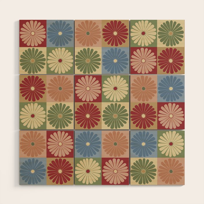 Retro Flowers Check Pattern XIX Wood Wall Art Gallery Image 1