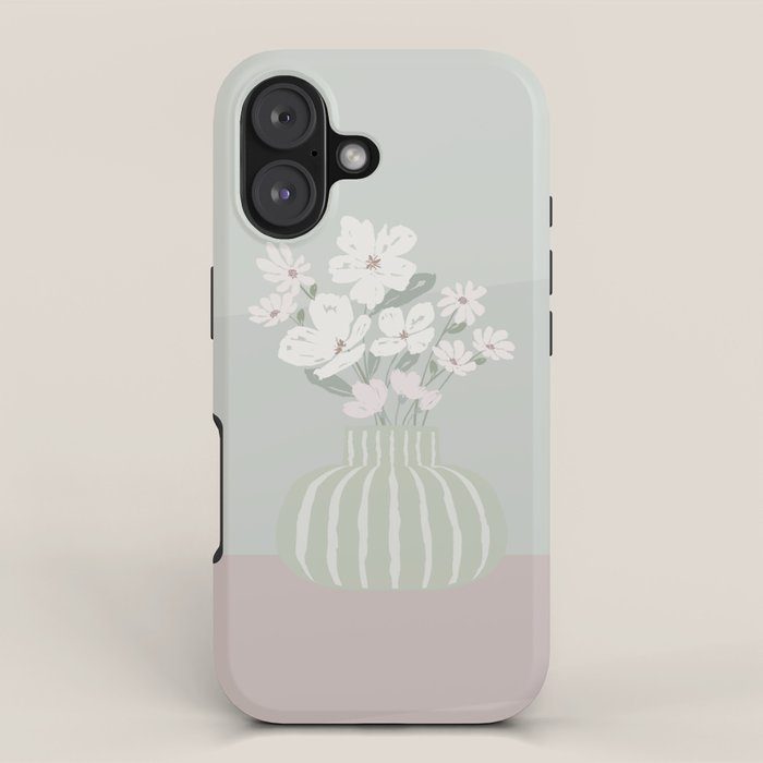 Wildflower bouquet in vase illustration - muted green, dusty pink and beige flowers iPhone Case Gallery Image 1