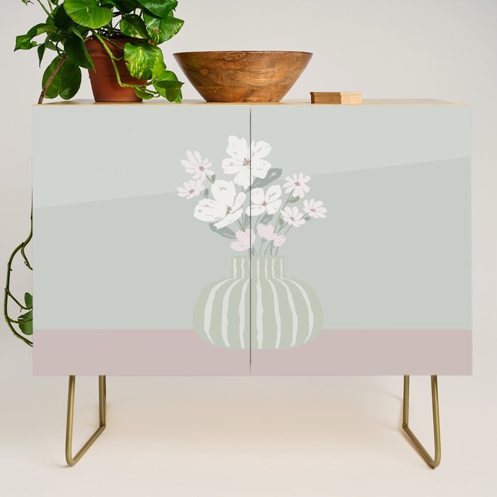 Wildflower bouquet in vase illustration - muted green, dusty pink and beige flowers Credenza Gallery Image 1