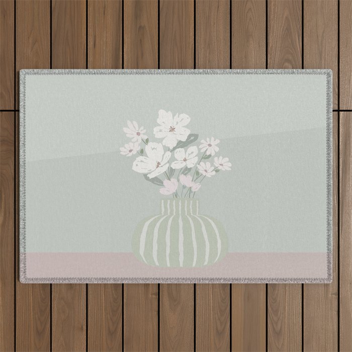 Wildflower bouquet in vase illustration - muted green, dusty pink and beige flowers Outdoor Rug Gallery Image 1