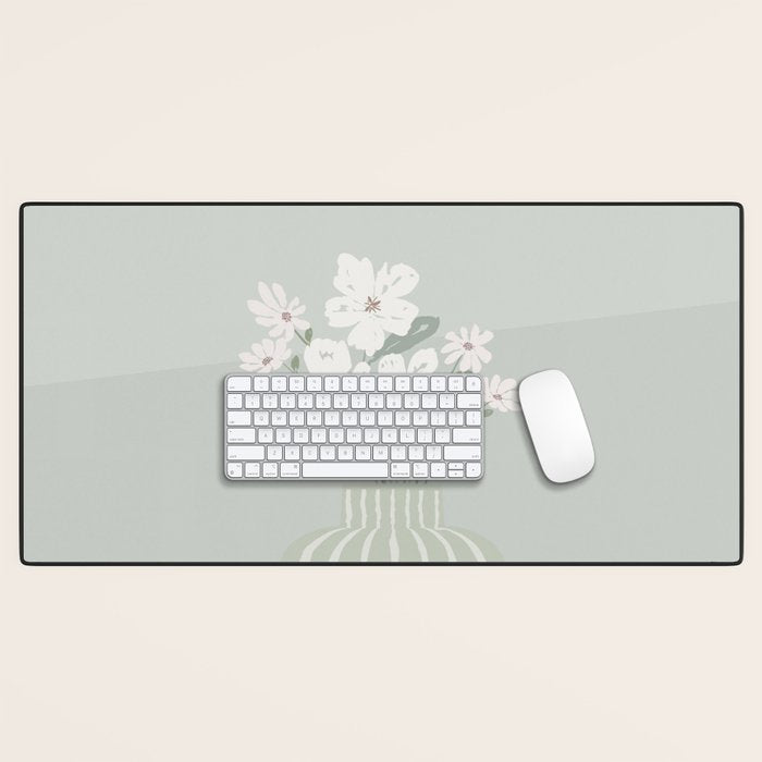 Wildflower bouquet in vase illustration - muted green, dusty pink and beige flowers Desk Mat Gallery Image 1