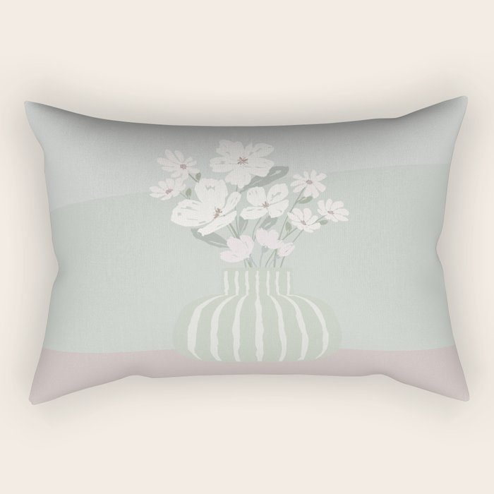 Wildflower bouquet in vase illustration - muted green, dusty pink and beige flowers Rectangular Pillow Gallery Image 1
