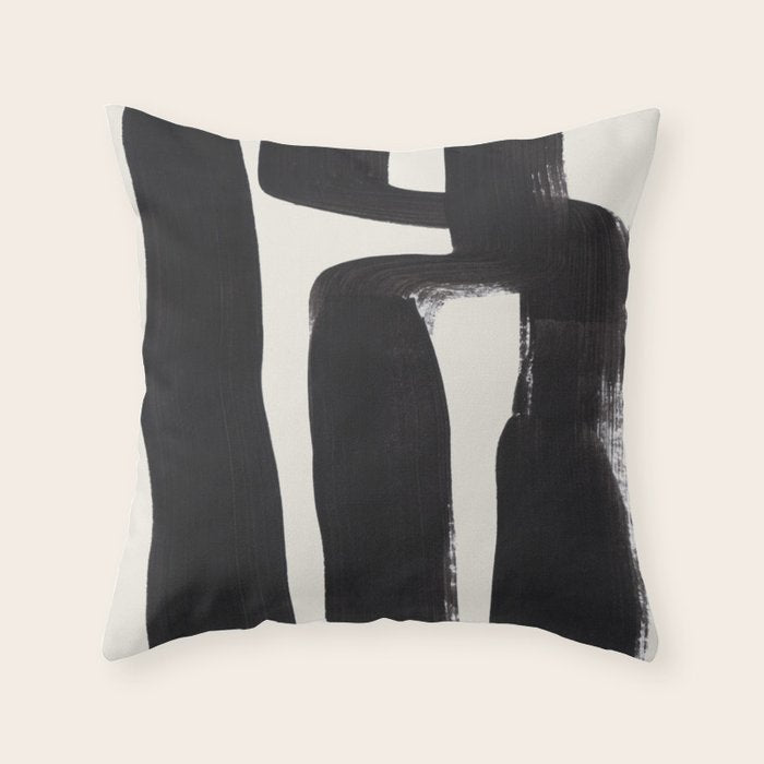 Mid Century Modern Minimalist Abstract Art Brush Strokes Black & White Ink Art Ancient Stripes Throw Pillow Gallery Image 1