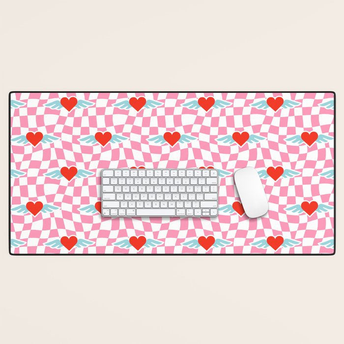 Red love heart checkered pattern Desk Mat Gallery Image 1