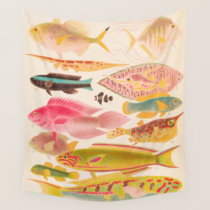 Colorful Tropical Fishes Vintage Sea Life Illustration Wall Tapestry Gallery Image 4
