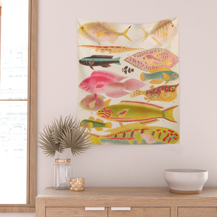 Colorful Tropical Fishes Vintage Sea Life Illustration Wall Tapestry Gallery Image 2