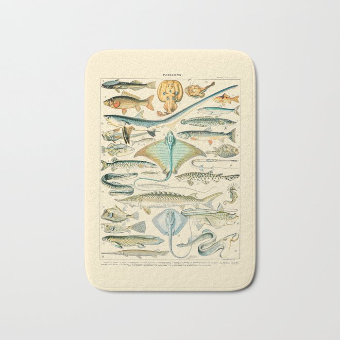 Vintage Fishing Diagram // Poissons II by Adolphe Millot 19th Century Science Textbook Artwork Bath Mat Gallery Image 1